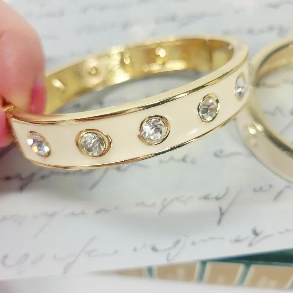 90s Cream Enamel Clamper Bangle Set Nautical Stackable Eternity Rhinestones